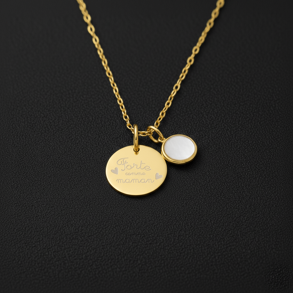 Pendentif prégravé "Forte" et médaillon en nacre -forte comme maman