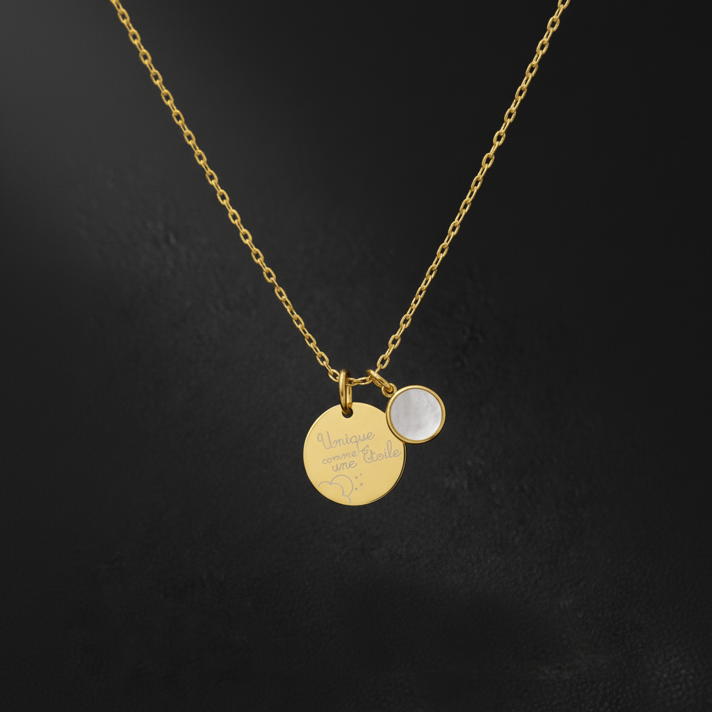 Pendentif prégravé "unique" et médaillon en nacre -unique comme une étoile